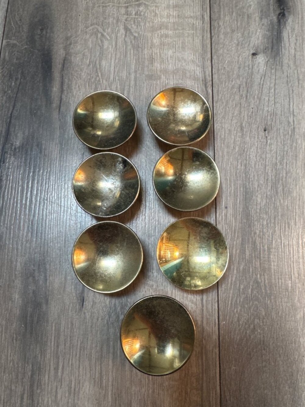 Set Of 7 Vintage Brass Saucer Spotlight MCM Drawer Knobs Replacements 2-Inch Dia